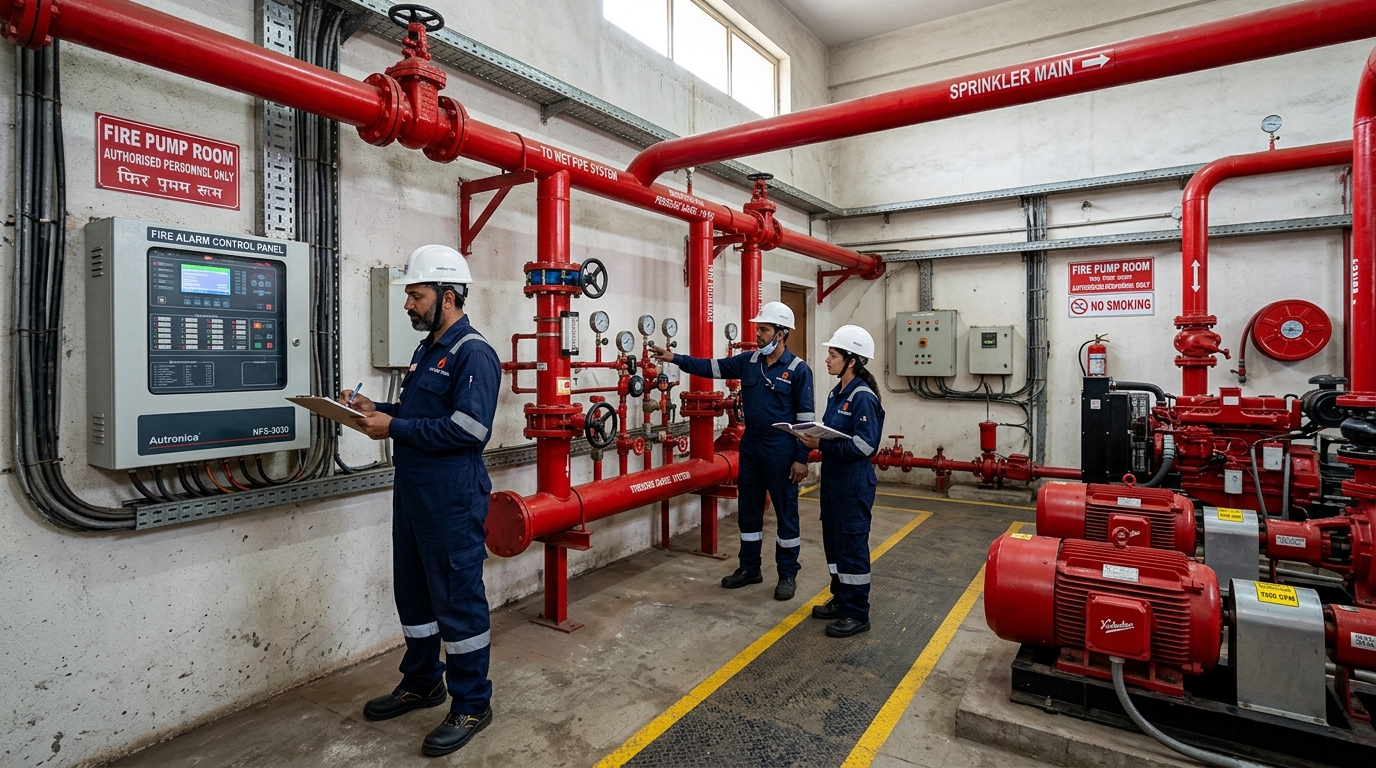 Fire fighting pump room, hydrant network, and sprinkler systems in Pune
